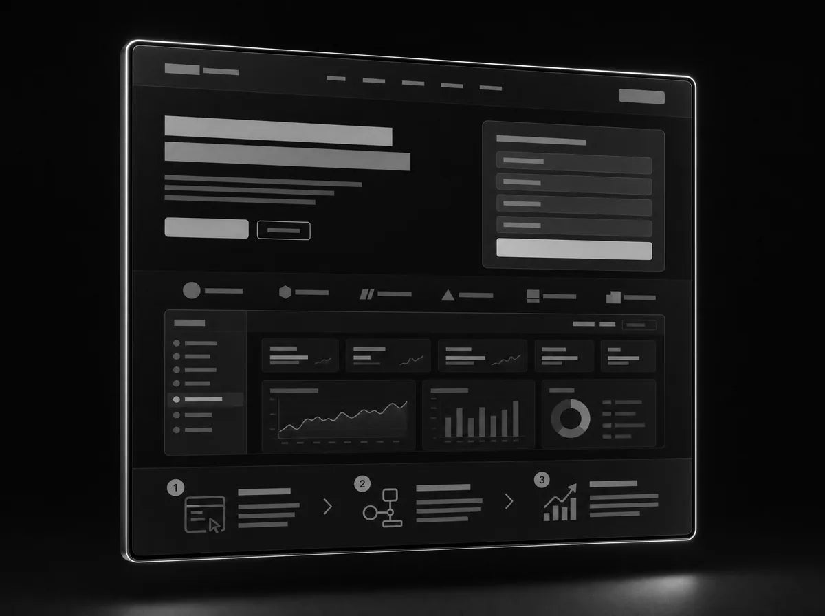 Monochrome mockup of a software lead generation page with a short form and dashboard screenshot