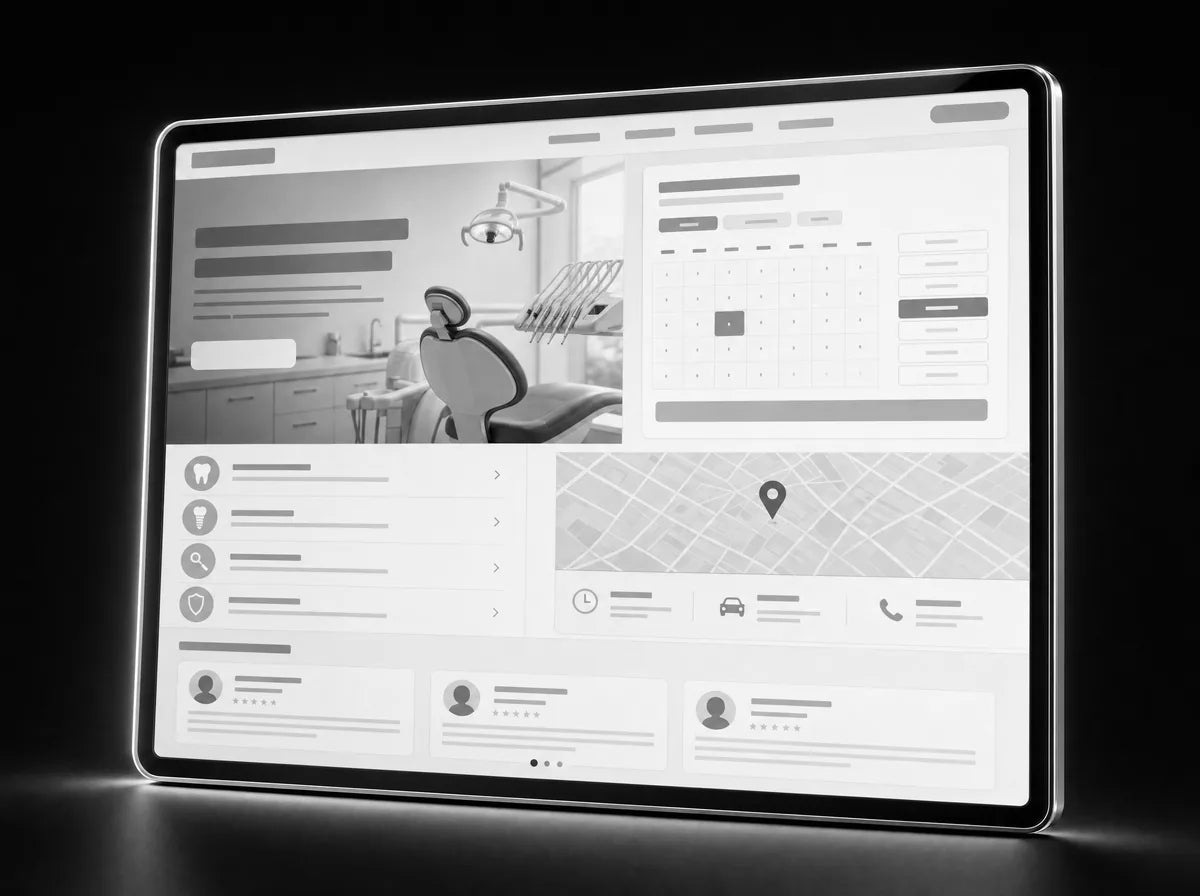 Monochrome mockup of a clinic booking website with a calendar widget, service list and map