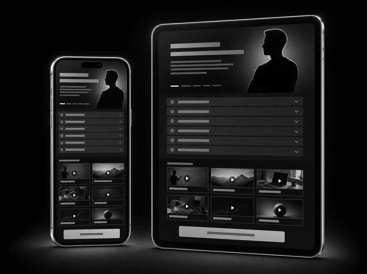 Monochrome mockup of a digital course sales page shown on tablet and phone with curriculum list
