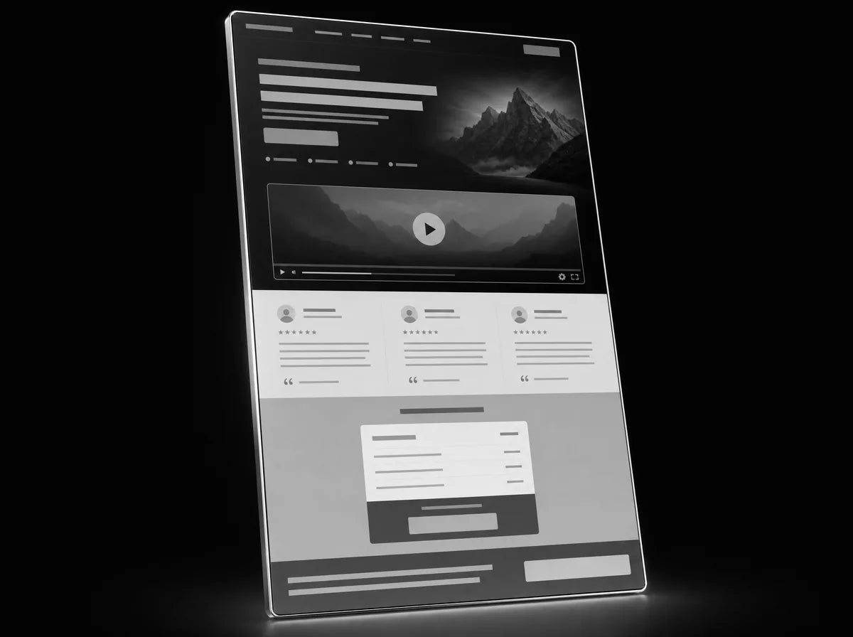 Monochrome mockup of a tall long-form sales funnel page with video, proof blocks and pricing card