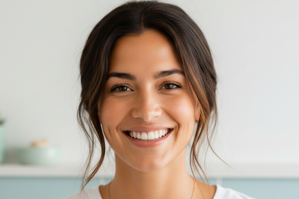 Before and after comparison of a woman's smile with text indicating 14 days improvement.