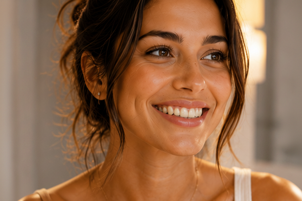 Before and after comparison of a woman's smile with text indicating 14 days improvement.