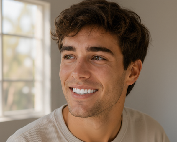 Before and after comparison of a person's smile with text indicating '14 Days' and 'Real Results'.