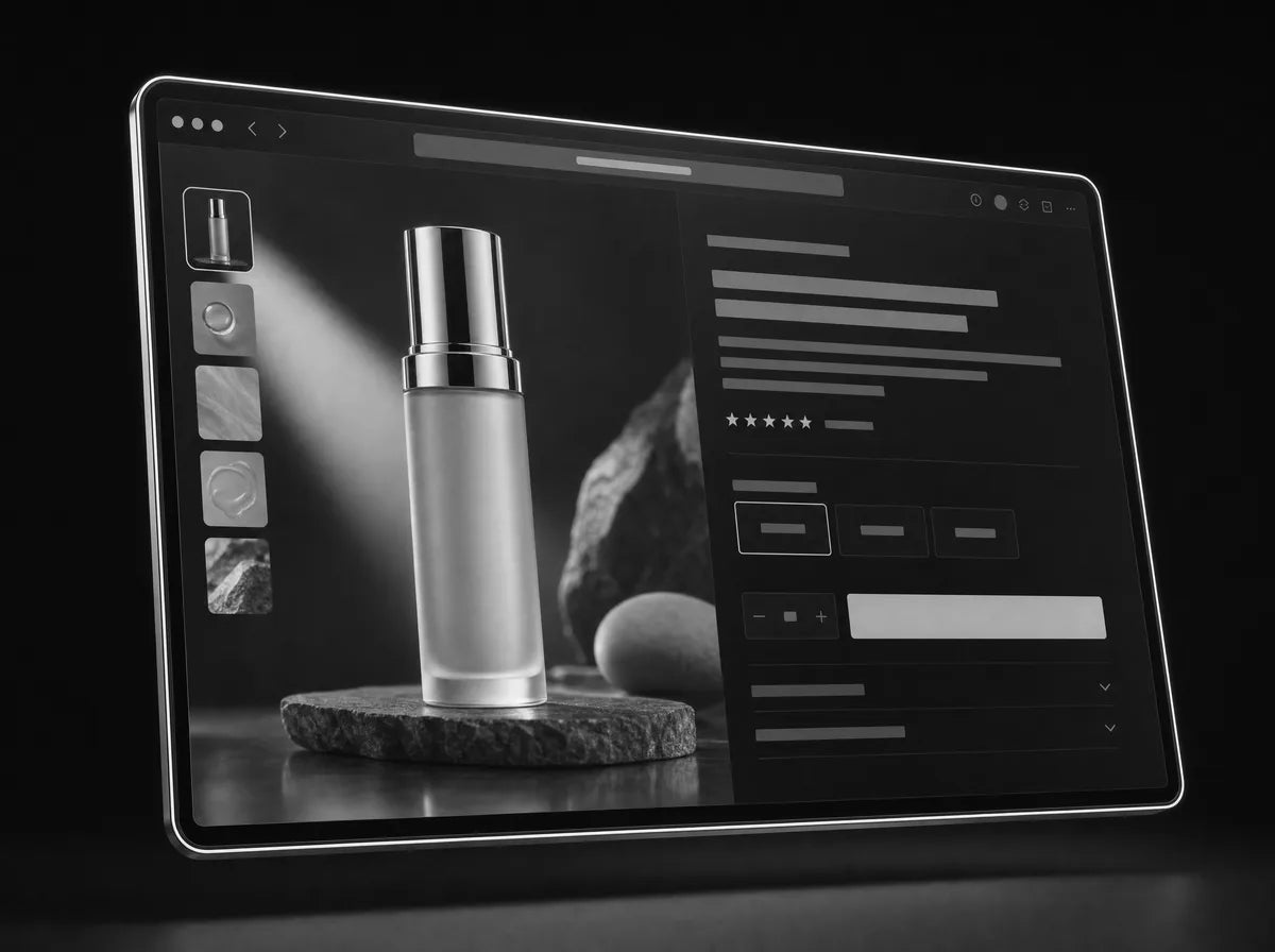 Monochrome mockup of a skincare product page with gallery, size selector and add to cart bar