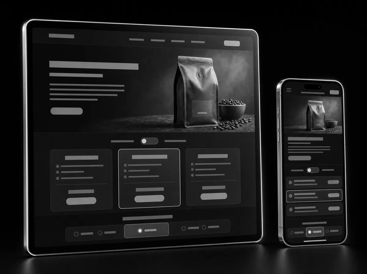 Monochrome mockup of a coffee subscription store shown on desktop and phone with plan cards